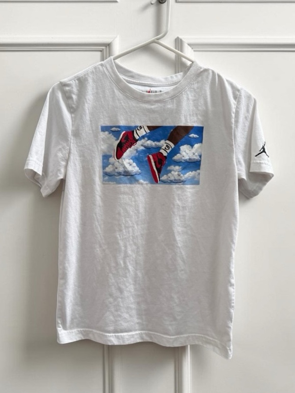 Jordan White Tee with Blue Sky & Red Sneaker Graphic